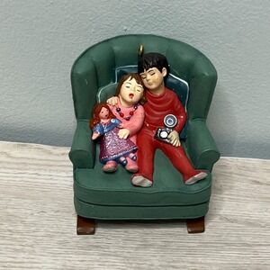 Hallmark 2002 Santas Big Night Christmas Ornament Boy Girl Sleeping‎ Armchair